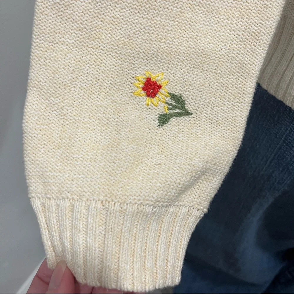 Floral Embroidered Cream Lightweight Knit Sweater, Women's Size Small - Picture 7 of 10